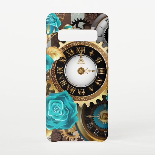 Coque Samsung Galaxy Steampunk Clock and Turquoise Roses on Striped (Dos)