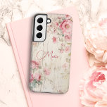 Coque Samsung Galaxy Style chalet rustique Roses sur bois ancien avec n<br><div class="desc">Charmant cottage rustique style rose pastel roses et feuillage de sauge clair sur vieille texture de bois patiné avec champ de texte modifiable pour votre nom personnalisé ou monogramme.</div>