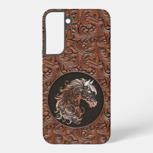 Coque Samsung Galaxy Tête de cheval en cuir brun floral tropé cowgirl