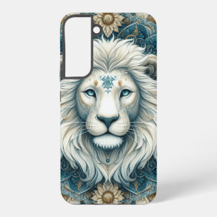 Coque Samsung Galaxy Tête de Lion Blanc Majestueux Mandala Bleu Canard