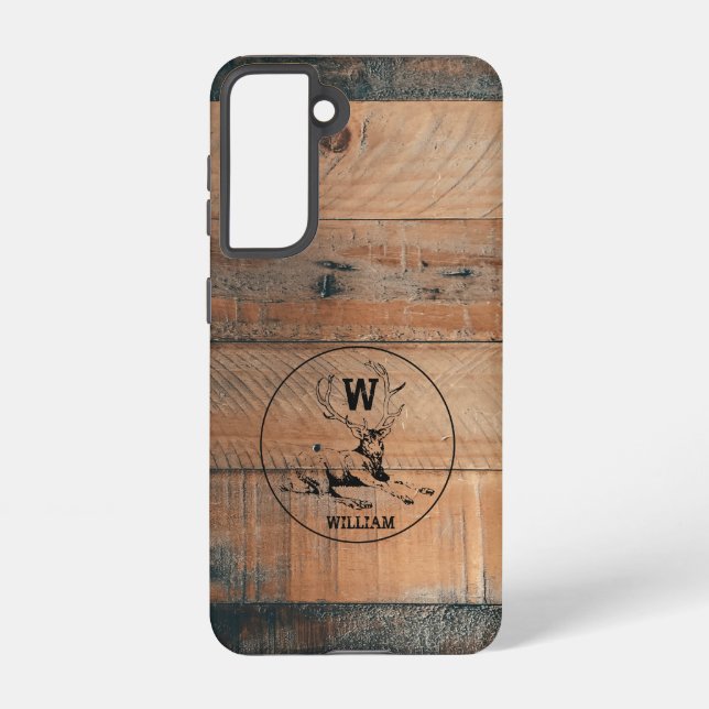Coque Samsung Galaxy Texture en bois rustique et monogramme de cerfs su (Verso)