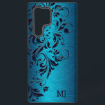 Coque Samsung Galaxy Texture métallique turquoise et dentelle florale<br><div class="desc">Dentelle florale bleu turquoise sur l'image d'un arrière - plan de peinture métallique violet.</div>