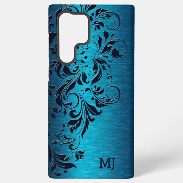 Coque Samsung Galaxy Texture métallique turquoise et dentelle florale (Verso)