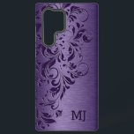 Coque Samsung Galaxy Texture métallique violette et dentelle florale<br><div class="desc">Dentelle fleurie violette sur l'image d'un arrière - plan de peinture métallique violet.</div>