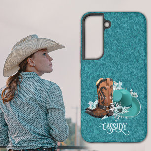 Coque Samsung Galaxy Tissu en cuir cowgirl brun turquoise