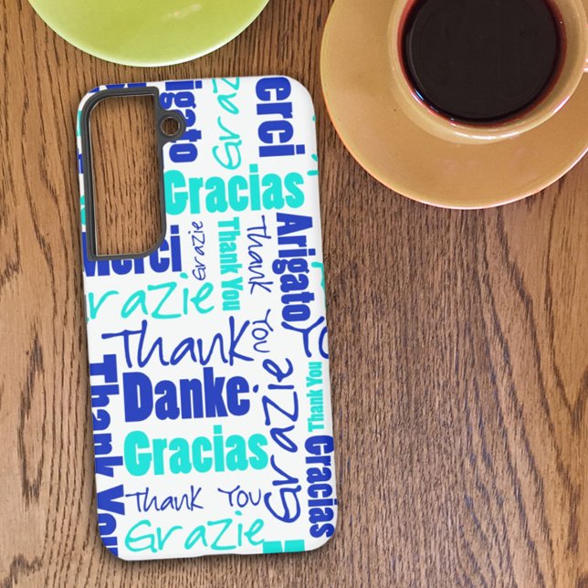 Coque Samsung Galaxy Topographie multilingue bleu turquoise Merci  (Créateur téléchargé)