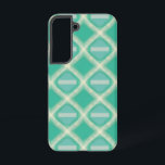 Coque Samsung Galaxy treillis rétro turquoise avec bande moderne<br><div class="desc">Ce boîtier téléphonique se distingue par son motif en treillis de diamant d'inspiration vive et rétro dans des tons variés de turquoise et vert menthe. Le design comporte des rayures dynamiques de lumière d'ivoire qui traversent tout le motif, créant de la profondeur et une lueur électrifiante, de type néon. La...</div>