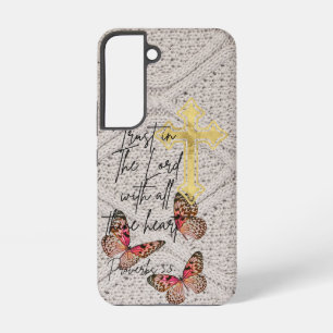 Coque Samsung Galaxy Tricot chrétien tendance Croix Papillons Rose