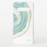 Coque Samsung Galaxy S10  Turquoise et Gold Agate Motif avec Monogramme<br><div class="desc">Belle motif d'inspiration nature aux couleurs modernes et tendance, cette décoration est ornée d'un motif agate à bandes de marbre en aqua, turquoise, violet et or sur un arrière - plan blanc. Un modèle de texte est inclus pour la personnalisation avec vos initiales monographiques ou tout autre texte souhaité. Vous...</div>