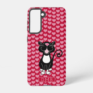 Coque Samsung Galaxy Tuxedo Chat Red Hearts Motif Monogramme