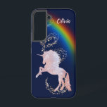 Coque Samsung Galaxy Unicorn Rainbox Stars Sparkle<br><div class="desc">Des étoiles brillantes et un arc-en-ciel brillant font de ce boîtier de téléphone à licorne spécial pour elle! L'image de la licorne silhouette s'élève contre un ciel bleu foncé tandis que les étoiles d'argent et d'or descendent en spirale. Votre nom est en face de l'arc-en-ciel en haut à droite. Très...</div>