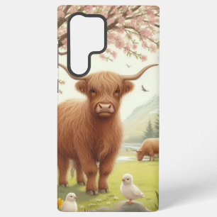Coque Samsung Galaxy Vache des hautes terres mignonne, florale/printani