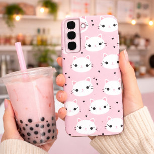 Coque Samsung Galaxy Visages de Chat Kawaii avec des Cœurs – Motif Rose