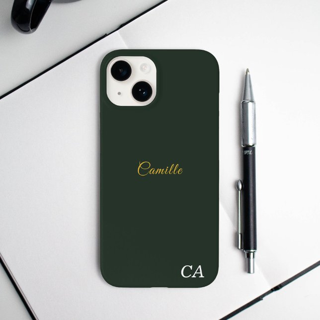 Coque téléphone élégante or et vert forêt (Stylish Gold & Forest Green Monogram Phone Case)