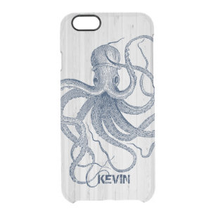 Coque iPhone 6/6S Blanc Faux Bois & Bleu Nautique Octopus D3