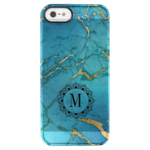 Coque iPhone Clear SE/5/5s Élégant Monogramme en pierre de marbre bleu
