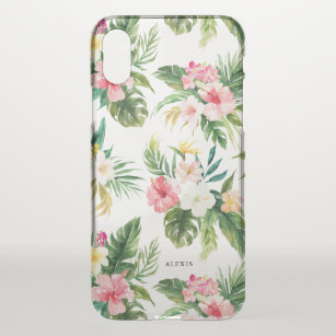 Coque iPhone X Fleurs d'aquarelle tropicales et Motif Feuille