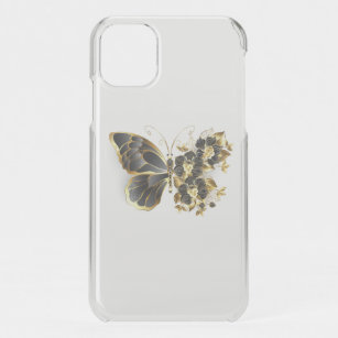 Coque Pour iPhone 11 Papillon à fleurs d'or avec orchidée noire