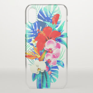 Coque iPhone X Tropical palm leaf orchidée hawaïenne bleu-rouge