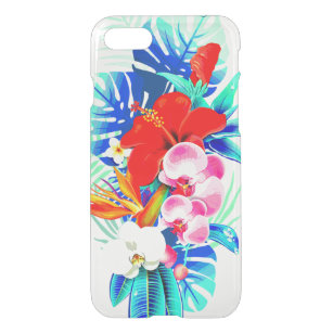 Coque Pour iPhone SE/8/7 Case Tropical palm leaf orchidée hawaïenne bleu-rouge