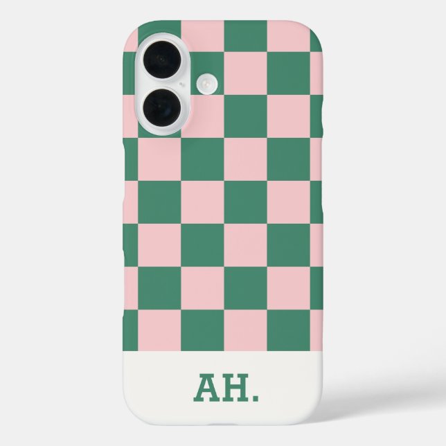 Coque verte rose rétro à carreaux pour iPhone 16 (Verso)