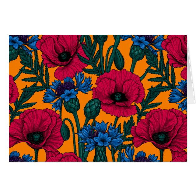 Coquelicots rouges et fleurs de maïs bleues sur or (Devant horizontal)