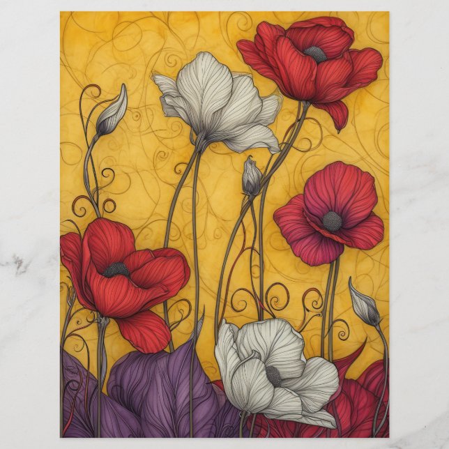 Coquelicots Vintage Art Nouveau Orange Blanc Rouge (Devant)