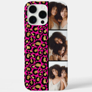 Coque iPhone 16 Pro Max 3 Photo Rose Chaud Et Imprimé Léopard Doré