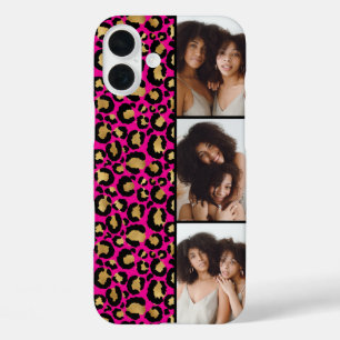 Coque Pour iPhone 16 Plus 3 Photo Rose Chaud Et Imprimé Léopard Doré
