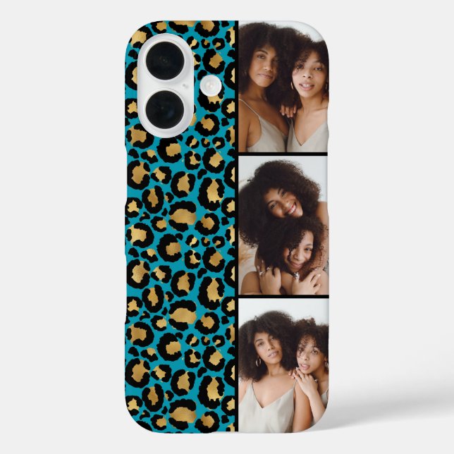 Coques Case-Mate iPhone 3 Photo Turquoise Et Imprimé Léopard Doré (Verso)