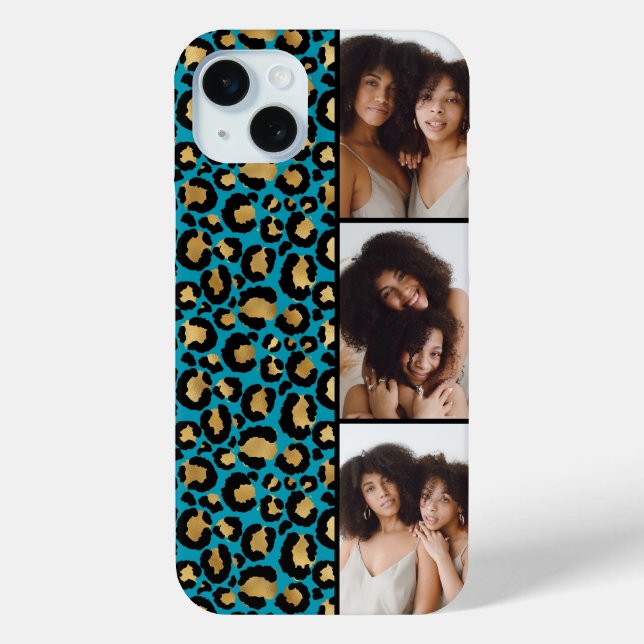 Coques Case-Mate iPhone 3 Photo Turquoise Et Imprimé Léopard Doré (Verso)