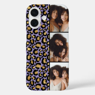 Coque Pour iPhone 16 3 Photo Violet Et Imprimé Léopard Doré