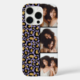 Coque iPhone 16 Pro 3 Photo Violet Et Or Imprimé Léopard