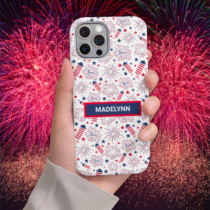 Coque iPhone 16 Pro Max 4 juillet Motif Fireworks Nom personnalisé