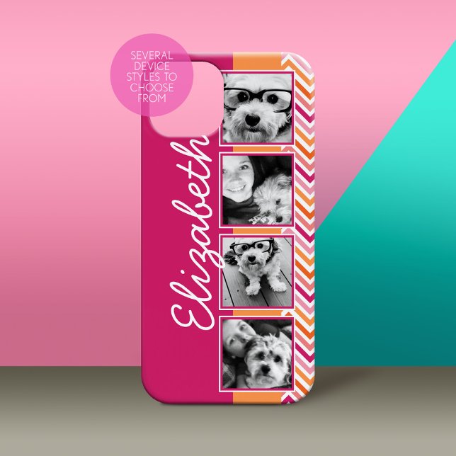 Coques Case-Mate iPhone 4 Photo Collage Rose Chaud Orange Chevrons (Personalized Phone Case with Custom Photos and Text - Pick Your Device Style)