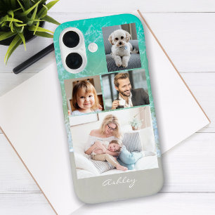 Coque Pour iPhone 16 4 photos de famille ou d'amis, nom de script, plag