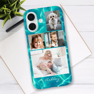 Coque Pour iPhone 16 4 Photos de famille ou d'amis, nom écrit sur l'eau