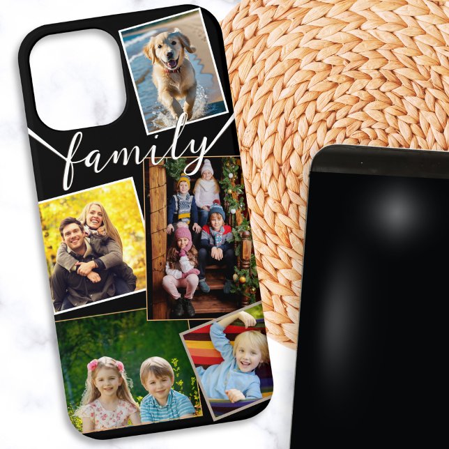 Coques Case-Mate iPhone 5 Photo Collage moderne noir blanc élégant (A stylish phone case to personalize with 5 of your favorite photos, and script text 'family')