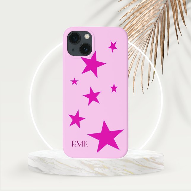 Coques Case-Mate iPhone 7 Étoiles Fuchsia et texte rose personnalisé (Seven Fuchsia Stars with Initial Monogram on Gold Frond Mockup)