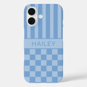 Coque Pour iPhone 16 À carreaux bleus rayés Personnalisé