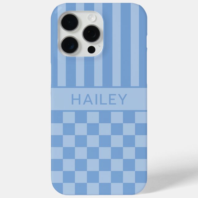 Coques Case-Mate iPhone À carreaux bleus rayés Personnalisé (Verso)