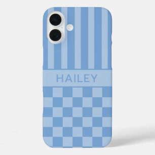 Coque Pour iPhone 16 Plus À carreaux bleus rayés Personnalisé
