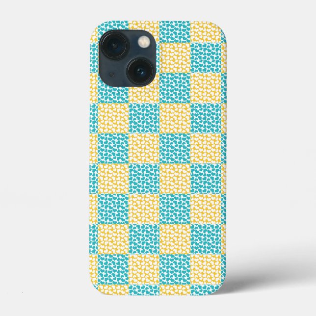 Coques Case-Mate iPhone à damiers Amour en Turquoise, Jaune et Blanc (Verso)