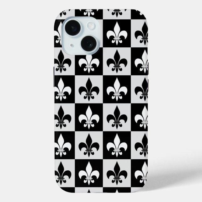 Coques Case-Mate iPhone à damiers Blanc Noir Fleur-De-Lis Motif (Verso)