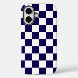 Coque Pour iPhone 16 à damiers bleu foncé et blanc