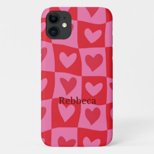 Case-Mate iPhone Case à damiers Coeurs rose et rouge déformés Nom person