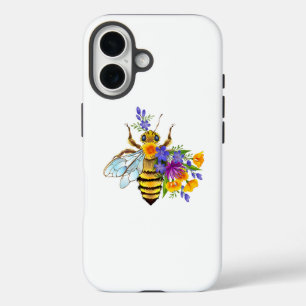 Coque Pour iPhone 16 Abeille à fleurs avec plantes sauvages