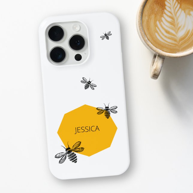 Coques Case-Mate iPhone Abeille Jaune Nom Personnalisé Moderne Nid d'Abeil (Bee Yellow Custom Name Modern Honeycomb Summer Case-Mate iPhone Case)
