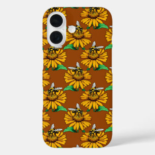 Coque Pour iPhone 16 Abeille sur motif de fleur de tournesol marron