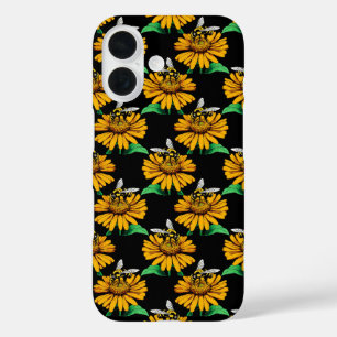 Coque Pour iPhone 16 Abeille sur Tournesol Fleur Motif Design Noir